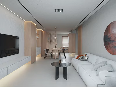 Modern Living Dining Room With White Sofa Round Coffee Table Wooden Accents And Circular Art 3d model