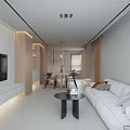 Modern Living Dining Room With White Sofa Round Coffee Table Wooden Accents And Circular Art