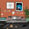 Cute Stuffed Dolls in Kids Room with Toys Basket Dinosaur Art Bunting Pillows and Blocks