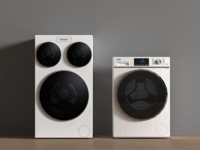 Two Modern White Washing Machines With Black Circular Doors And Digital Control Panels 3d model