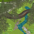 Scenic Landscape Bridge With Green Trees Wooden Fences And Winding Pathway