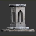 Stone Fountain With Arch Openings And Circular Base On Decorative Stone Platform