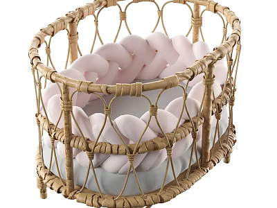 Stylish Wicker Baby Crib With Pink Braided Accents And Gray Comfort Mattress 3d model