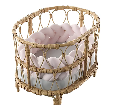 Stylish Wicker Baby Crib With Pink Braided Accents And Gray Comfort Mattress 3d model