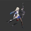 White Haired Mythical Female Character With Mechanical Weapon And Blue Accents