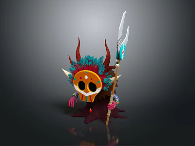 Skull Character Wearing Colorful Feathered Headdress Holding Spear With Eye Decoration Standing On Red Puddle 3d model