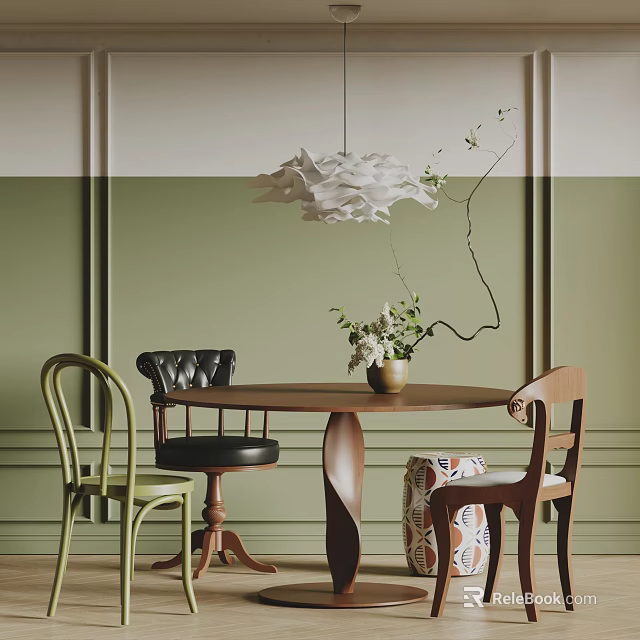 Round Dining Table Set With Varied Style Chairs Vase And Cloud Pendant Light 3d model 
