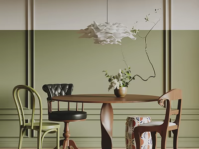 Round Dining Table Set With Varied Style Chairs Vase And Cloud Pendant Light 3d model
