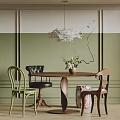 Round Dining Table Set With Varied Style Chairs Vase And Cloud Pendant Light 3d model
