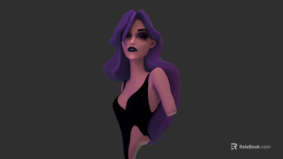 Stylish Woman With Long Purple Hair Wearing Black Sleeveless Dress Against Dark Background 3d model 