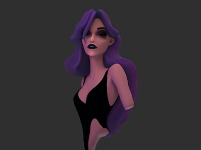 Stylish Woman With Long Purple Hair Wearing Black Sleeveless Dress Against Dark Background 3d model
