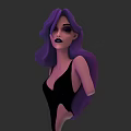Stylish Woman With Long Purple Hair Wearing Black Sleeveless Dress Against Dark Background
