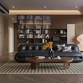 Modern Living Dining Room Interior Design With Black Leather Sofa Coffee Table And Large Windows