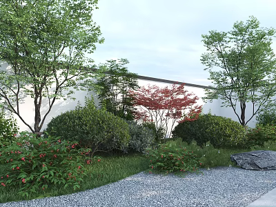 Lush Green Shrubs In Garden Landscape With Trees Grass And Stone 3d model