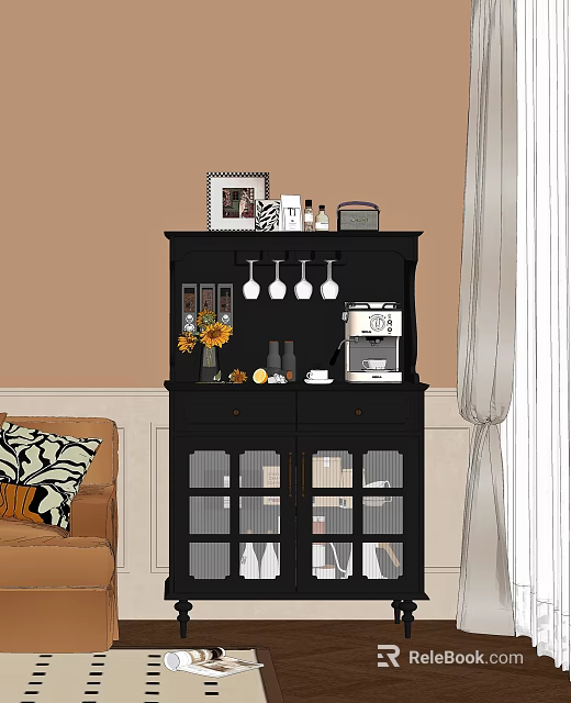 Black Storage Cabinet With Coffee Machine Wine Glasses Sunflowers And Decorations In Living Room 3d model 