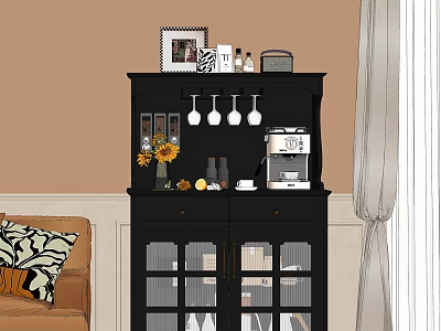 Black Storage Cabinet With Coffee Machine Wine Glasses Sunflowers And Decorations In Living Room 3d model