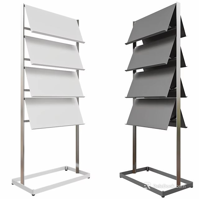 Metal Display Racks With White And Gray Slanted Shelves And Vertical Frames 3d model