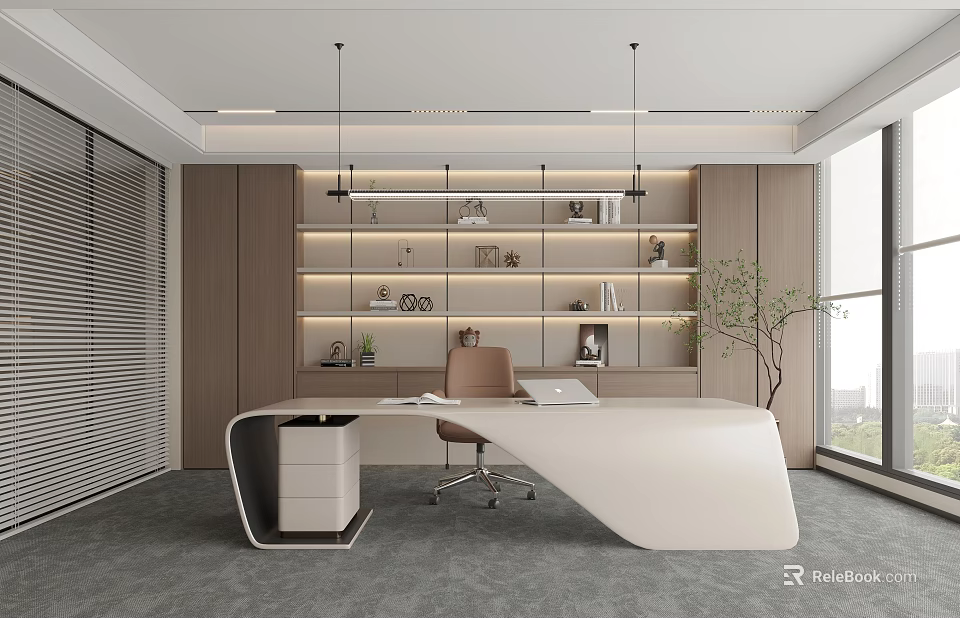 Modern Office Interior Design With White Desk Wooden Bookshelves Hanging Lights And Green Plant 3d model 