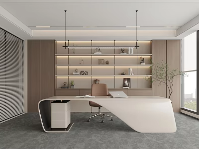 Modern Office Interior Design With White Desk Wooden Bookshelves Hanging Lights And Green Plant 3d model