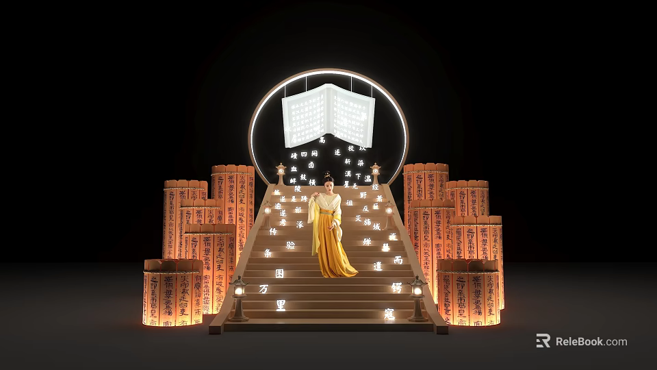 Illuminated Photo Spot With Steps Person In Yellow Robe And Columnar Character Structures 3d model 