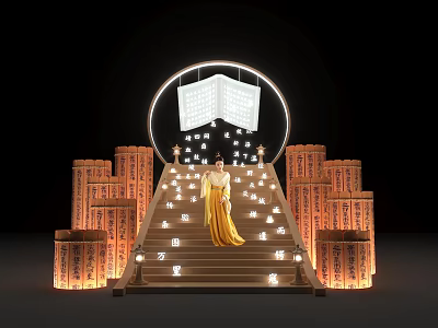 Illuminated Photo Spot With Steps Person In Yellow Robe And Columnar Character Structures 3d model