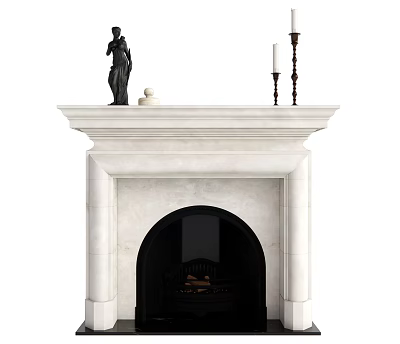 Elegant White Marble Fireplace with Decorative Statue Candle Holders on Mantel 3d model