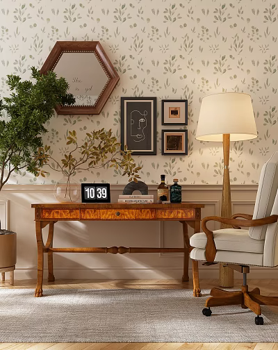 Vintage Wooden Desk With Clock Globe Bottles Vase And Floral Wallpaper Floor Lamp Armchair 3d model