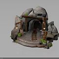 Natural Rocky Cave Entrance With Wooden Archway Lanterns Rail Tracks Mine Cart And Green Plants