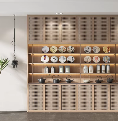 Wooden Latticed Decorative Cabinet With Teacups Teapots Jars On Shelves And LED Strip Lighting 3d model