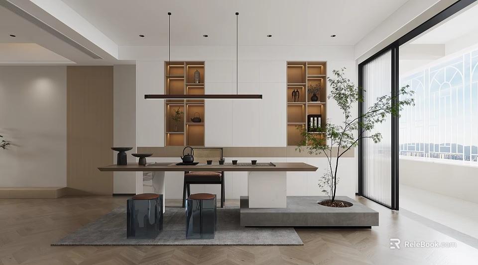 Modern Tea Room Interior Design With Wooden Tea Table Decorative Shelves And Potted Tree 3d model 