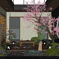 Japanese Courtyard Garden With Cherry Blossom Tree Glass Skylight Stone Table Lanterns And Green Plants
