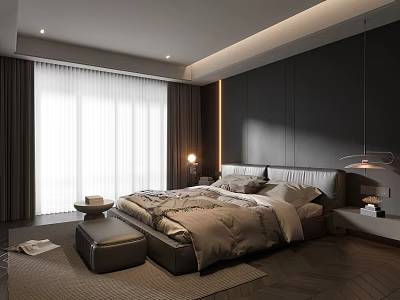 Modern Bedroom Interior With Neutral Tones Large Bed Dark Accent Wall Floor-to-Ceiling Curtains Nightstand Lamp 3d model
