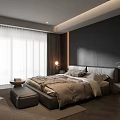 Modern Bedroom Interior With Neutral Tones Large Bed Dark Accent Wall Floor-to-Ceiling Curtains Nightstand Lamp