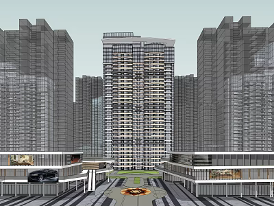 Modern Commercial Street With High Rise Buildings And Pedestrian Shopping Area 3d model