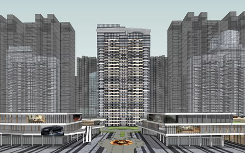 Modern commercial street high-rise residential commercial podium 3d model