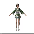 Traditional Green Kimono Outfit On Female Character With Decorative Sash And Hairstyle