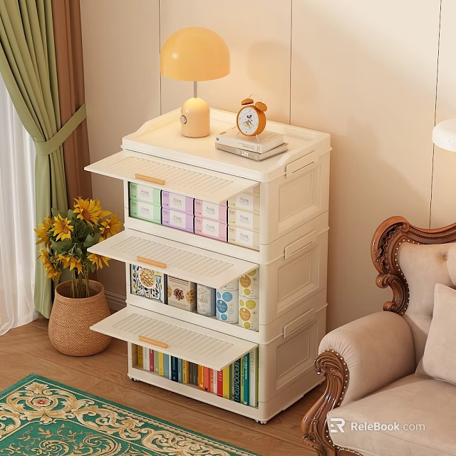 Cozy Beige Bookcase With Shelves Drawers Lamp Alarm Clock And Sunflowers In Living Space 3d model 