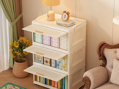 Cozy Beige Bookcase With Shelves Drawers Lamp Alarm Clock And Sunflowers In Living Space 3d model