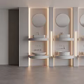 Four Modern Minimalist Lighted Washbasins With Round Mirrors White Pink Green Public Restroom