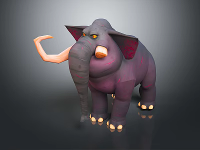 Purple Elephant 3D Model Character With Pink Ears Curved Tusks And Yellow Eyes 3d model