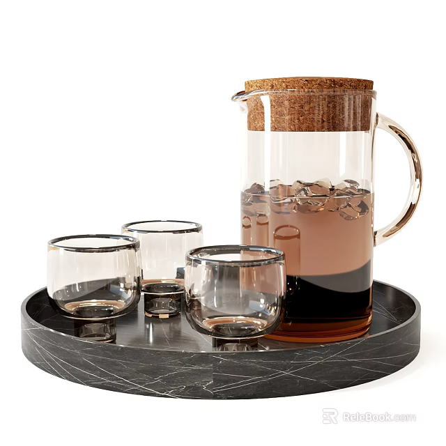 Glass Drinking Cups With Glass Pitcher Cork Lid Brown Liquid Ice Cubes On Black Tray 3d model 