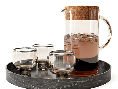 Glass Drinking Cups With Glass Pitcher Cork Lid Brown Liquid Ice Cubes On Black Tray 3d model