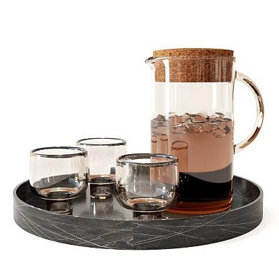 Glass Drinking Cups With Glass Pitcher Cork Lid Brown Liquid Ice Cubes On Black Tray 3d model