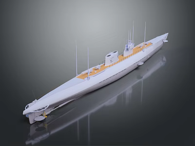 Warship 3D Model With White Hull Yellow Deck And Antennas On Reflective Surface 3d model