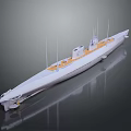 Warship 3D Model With White Hull Yellow Deck And Antennas On Reflective Surface 3d model