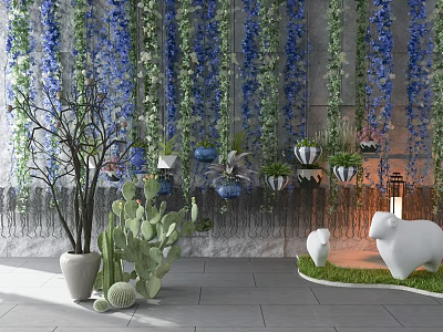 Bonsai and Potted Plants With Blue Vine Wall White Ceramic Pots Metal Shelves and Lawn 3d model
