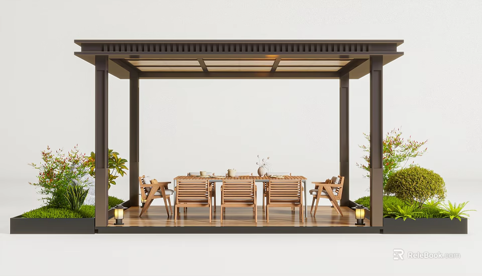 Garden Pavilion With Brown Frame Transparent Roof And Wooden Dining Set Surrounded By Green Plants 3d model 