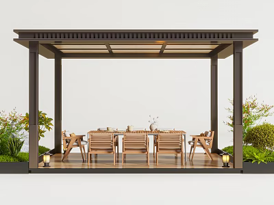 Garden Pavilion With Brown Frame Transparent Roof And Wooden Dining Set Surrounded By Green Plants 3d model