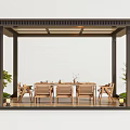 Garden Pavilion With Brown Frame Transparent Roof And Wooden Dining Set Surrounded By Green Plants