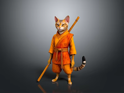 3D Cat Character In Orange Samurai Robe Holding Wooden Staff And Standing Pose 3d model